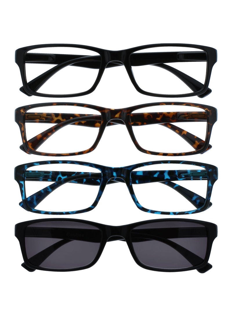 OPULIZE نظارات قراءة للنساء والرجال مع نظارات شمسية للقراءة - قيمة 4 عبوات - إطار مصمم مستطيل كبير - عدسات محمية من الأشعة فوق البنفسجية UV400 - أسود بني أزرق مع نظارات شمسية سوداء +3.50 - Image 1