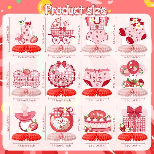 ZCPTZ Strawberry Baby Shower Decorations12 PCS Berry Sweet Baby Shower Honeycomb CenterpieceStrawberry Theme Birthday Party Table Topper Decor for Party Supplies - Image 5