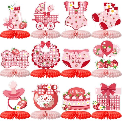 ZCPTZ Strawberry Baby Shower Decorations12 PCS Berry Sweet Baby Shower Honeycomb CenterpieceStrawberry Theme Birthday Party Table Topper Decor for Party Supplies - Image 1