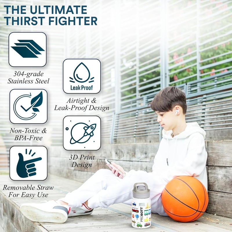 PROBOTT PROBOTT Space 360ml Stainless Steel Double Wall Vacuum Flask for 3-5 Yrs Kids | Hot and Cold Water Bottle with 3D Print, White | Perfect for Toddlers | Leakproof  - Image 2