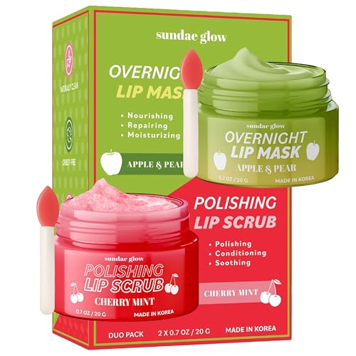 Sundae Glow Lip Mask & Scrub – Apple, Pear, Cherry & Mint – Hydrates, Exfoliates, Softens, Repairs Dry & Chapped Lips – Dermatologist Tested, Korean Skin Care – Vegan, Clean Beauty – Duo Pack - Image 1