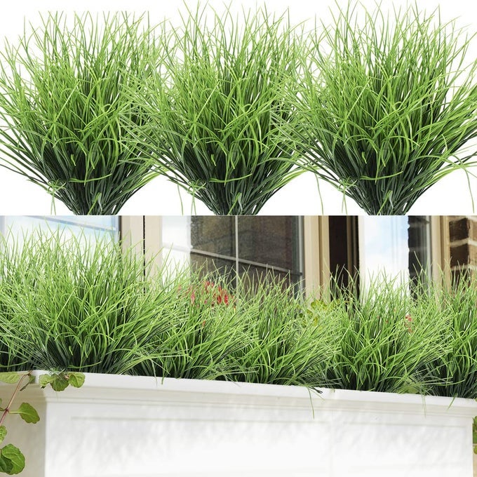 8 BUNDLES ARTIFICIAL GRASS PLANTS FAKE BUSHES ARTIFICIAL SHRUBS WHEAT GRASS GREENERY FOR HOUSE PLASTIC OUTDOOR UV RESISTANT FAUX GRASS PACK OF 8