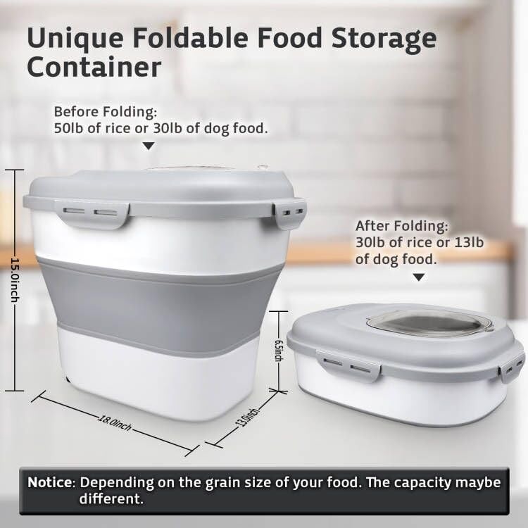 Komzon Rice Storage Bin Cereal Containers, 13-50lb Collapsible Rice Container Dispenser with Transparent Lid, Rolling Wheels, Measuring Cup and Scoop, Airtight Dog Cat Pet Food Storage Container White - Image 5