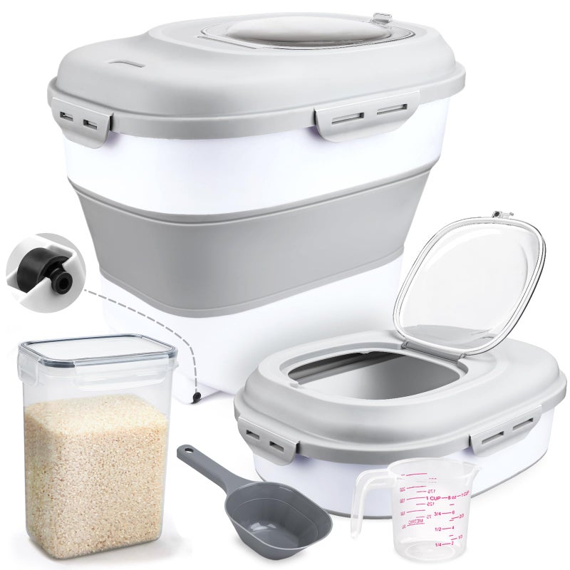 Komzon Rice Storage Bin Cereal Containers, 13-50lb Collapsible Rice Container Dispenser with Transparent Lid, Rolling Wheels, Measuring Cup and Scoop, Airtight Dog Cat Pet Food Storage Container White - Image 1