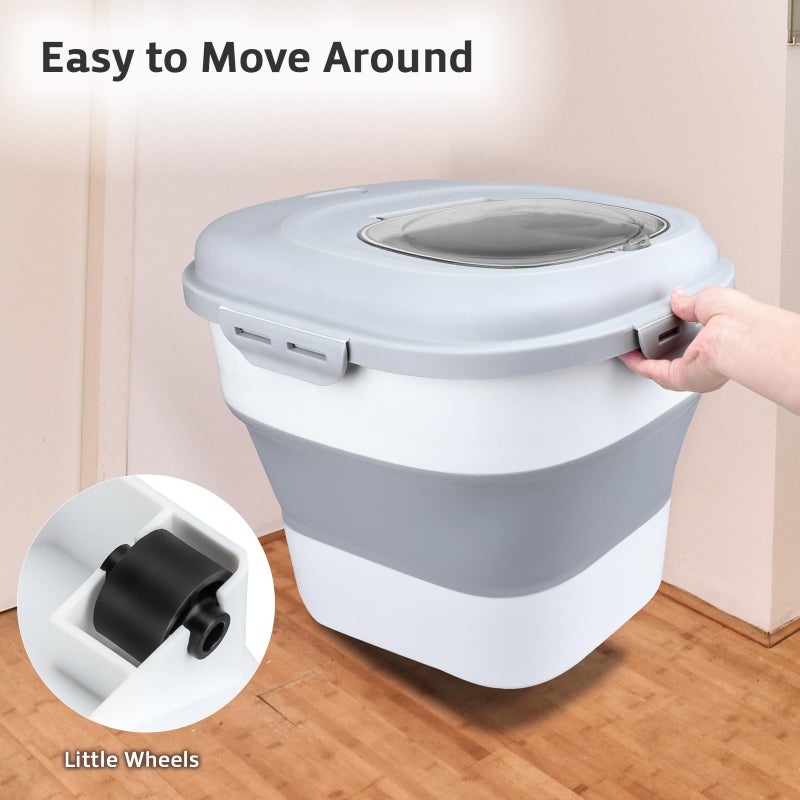 Komzon Rice Storage Bin Cereal Containers, 13-50lb Collapsible Rice Container Dispenser with Transparent Lid, Rolling Wheels, Measuring Cup and Scoop, Airtight Dog Cat Pet Food Storage Container White - Image 3
