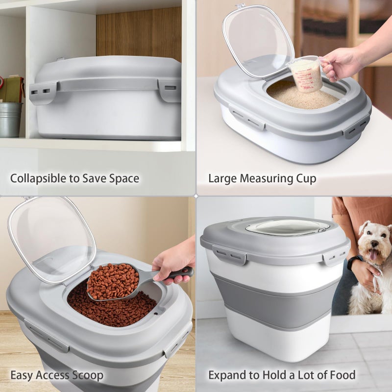 Komzon Rice Storage Bin Cereal Containers, 13-50lb Collapsible Rice Container Dispenser with Transparent Lid, Rolling Wheels, Measuring Cup and Scoop, Airtight Dog Cat Pet Food Storage Container White - Image 2