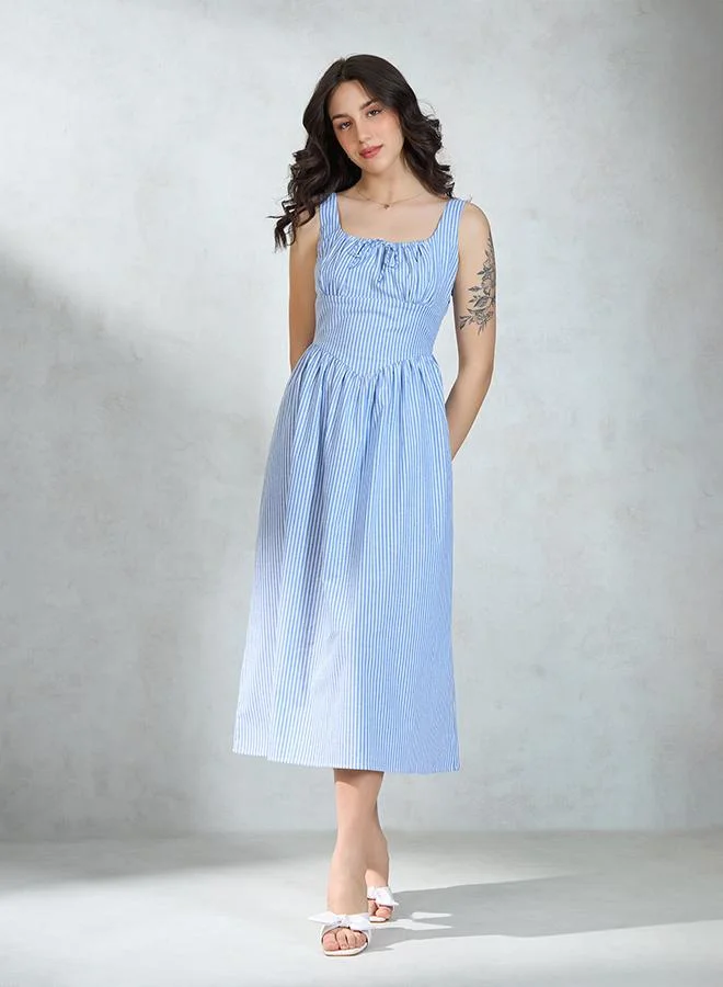 VIRGIO 100% Cotton Sleeveless Stripe Flare Dress