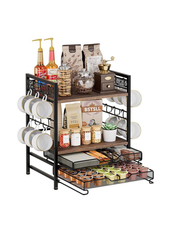 BSTSLL Coffee Bar Organizer, 4 Tier Coffee Station Organizer for Countertop, 30 K Cup Pod Drawer, Mug Cup Holder Stand with 12 Hooks, Multifunctional K Pods Shelf Storage Holder Drawer - Image 1