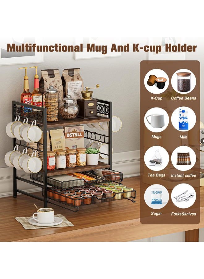 BSTSLL Coffee Bar Organizer, 4 Tier Coffee Station Organizer for Countertop, 30 K Cup Pod Drawer, Mug Cup Holder Stand with 12 Hooks, Multifunctional K Pods Shelf Storage Holder Drawer - Image 2