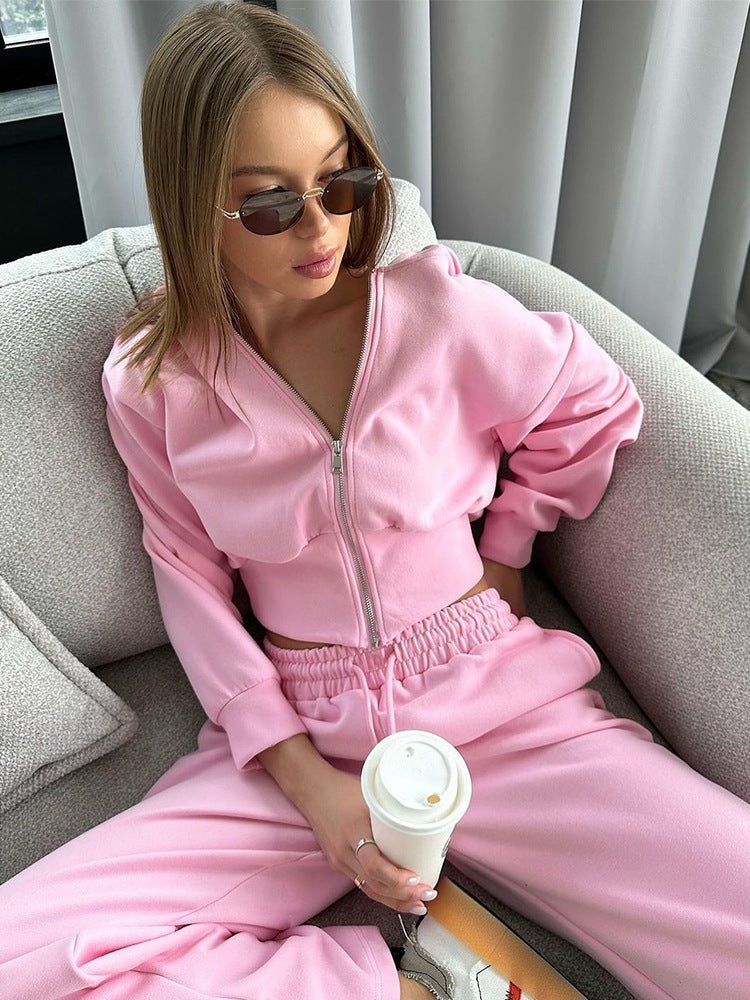 European and American Autumn New 2024 Casual Womens suit Long-sleeved Zipper Hoodie Solid Color Lace-up Pants Two-piece Set Pink