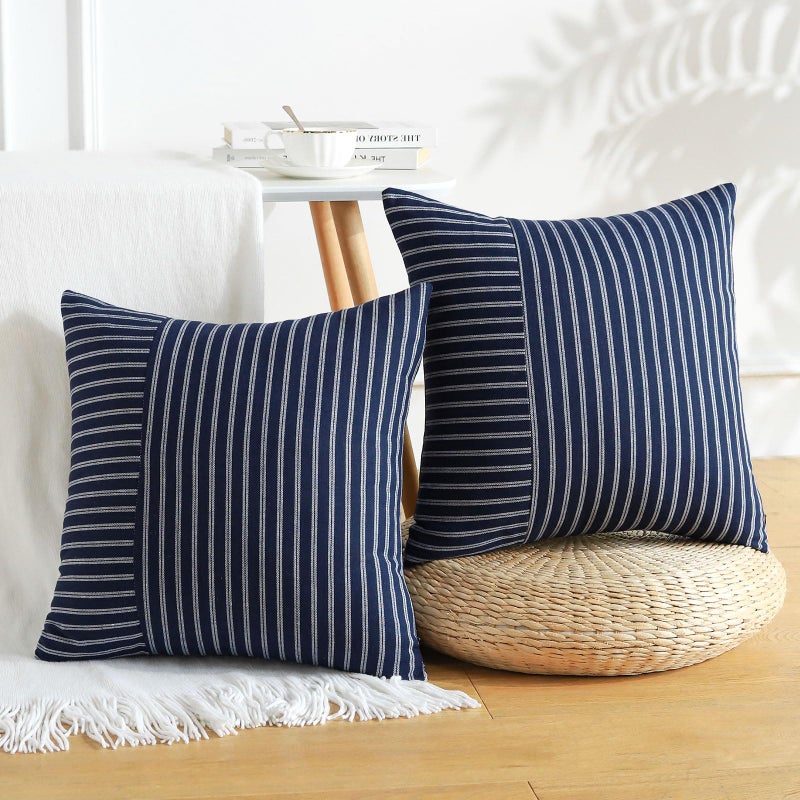 OTOSTAR Pack of 2 Striped Patchwork Farmhouse Decorative Throw Pillow Covers 18 x 18 Inch Square Cushion Cover Couch Home Decor Modern Accent Pillow Cases for Sofa Bedroom Living Room (White Navy) - Image 3