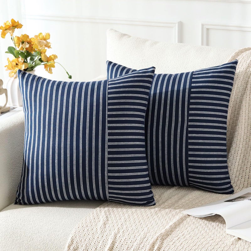 OTOSTAR Pack of 2 Striped Patchwork Farmhouse Decorative Throw Pillow Covers 18 x 18 Inch Square Cushion Cover Couch Home Decor Modern Accent Pillow Cases for Sofa Bedroom Living Room (White Navy) - Image 2