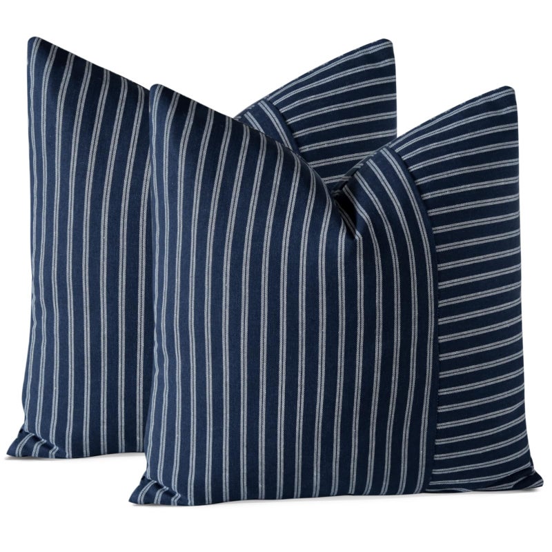 OTOSTAR Pack of 2 Striped Patchwork Farmhouse Decorative Throw Pillow Covers 18 x 18 Inch Square Cushion Cover Couch Home Decor Modern Accent Pillow Cases for Sofa Bedroom Living Room (White Navy) - Image 1