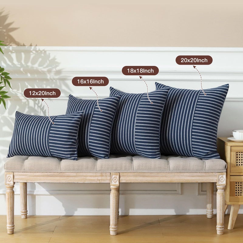 OTOSTAR Pack of 2 Striped Patchwork Farmhouse Decorative Throw Pillow Covers 18 x 18 Inch Square Cushion Cover Couch Home Decor Modern Accent Pillow Cases for Sofa Bedroom Living Room (White Navy) - Image 5