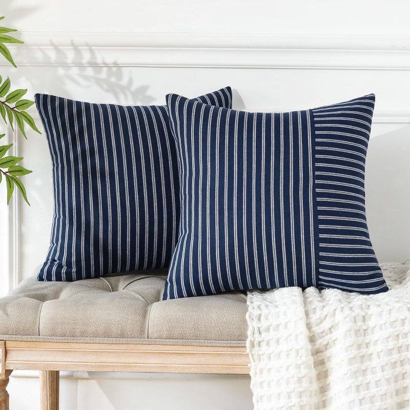 OTOSTAR Pack of 2 Striped Patchwork Farmhouse Decorative Throw Pillow Covers 18 x 18 Inch Square Cushion Cover Couch Home Decor Modern Accent Pillow Cases for Sofa Bedroom Living Room (White Navy) - Image 4