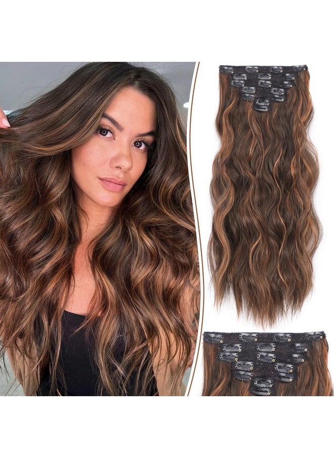 KooKaStyle Hair Extensions, 7Pcs Clip In Hair Extension, 20 Inch Auburn Mix Chestnut Long Wavy Natural Soft Thick Hairpieces For Women 