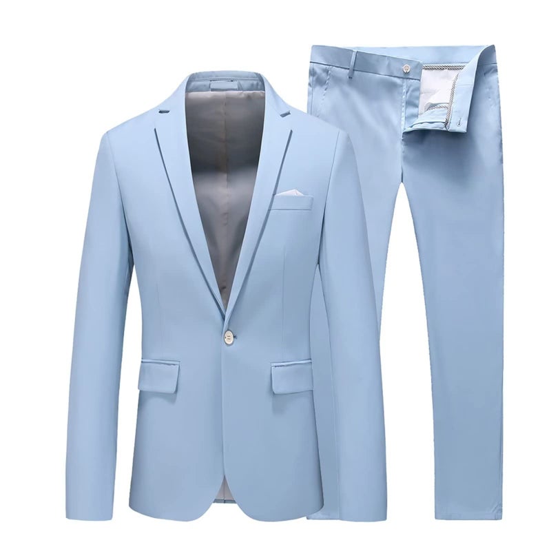 UNINUKOO Mens Suit Slim Fit 1 Button 2 Piece Wedding Party Holiday Solid Color Tux Suits for Men US Size 42 Sky Blue - Image 2