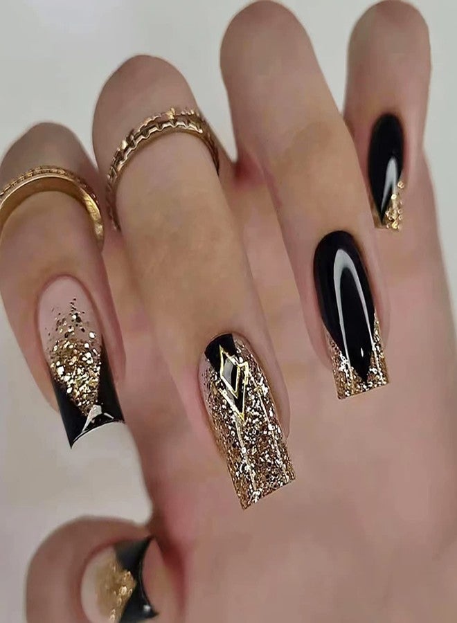Much Hotter Acrylic Square Press on Nails Medium Length Black Fake Nails Gold Shiny Artificial False Nails with Gold Foil Designs Full Cover Artificial Stick on Nails for Women (style4, 0.10 Fl Oz (Pack of 28)) - Image 1