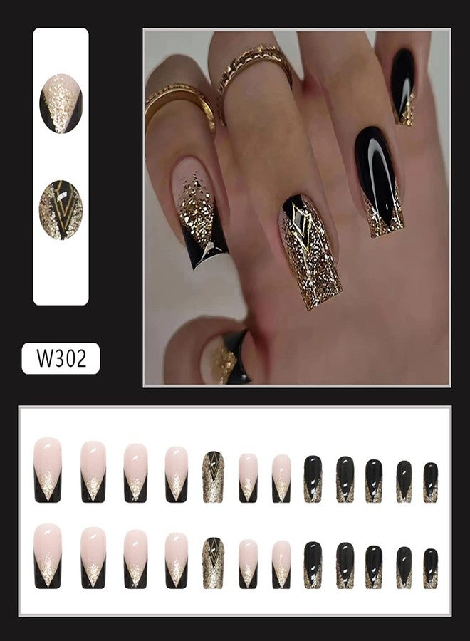 Much Hotter Acrylic Square Press on Nails Medium Length Black Fake Nails Gold Shiny Artificial False Nails with Gold Foil Designs Full Cover Artificial Stick on Nails for Women (style4, 0.10 Fl Oz (Pack of 28)) - Image 2