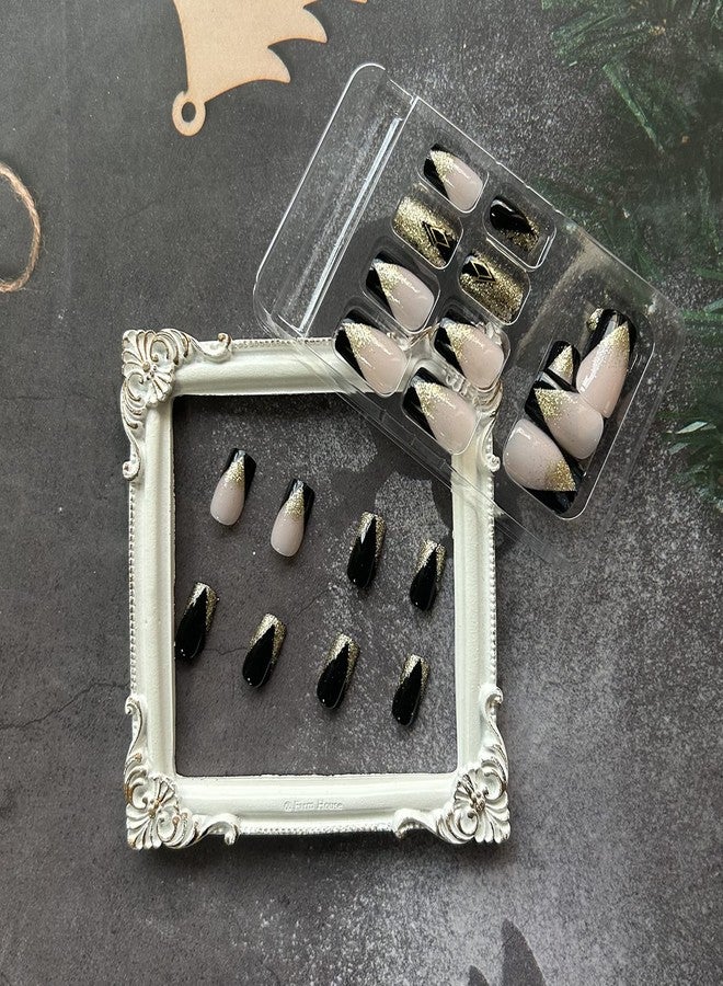 Much Hotter Acrylic Square Press on Nails Medium Length Black Fake Nails Gold Shiny Artificial False Nails with Gold Foil Designs Full Cover Artificial Stick on Nails for Women (style4, 0.10 Fl Oz (Pack of 28)) - Image 3