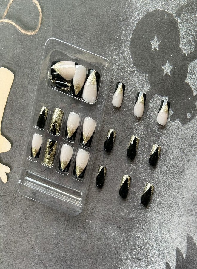 Much Hotter Acrylic Square Press on Nails Medium Length Black Fake Nails Gold Shiny Artificial False Nails with Gold Foil Designs Full Cover Artificial Stick on Nails for Women (style4, 0.10 Fl Oz (Pack of 28)) - Image 4