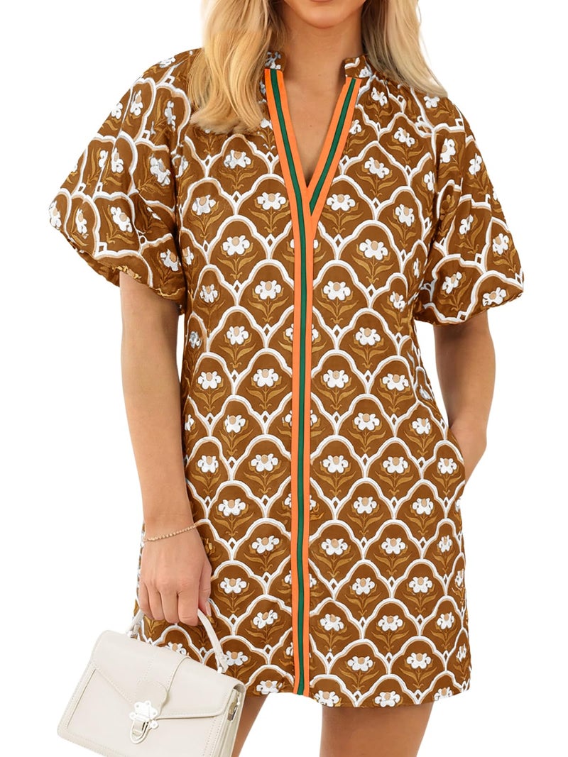 Wenrine Womens Summer Dresses Casual Floral Puff Sleeve V Neck Boho Loose Beach Mini Dress with Pockets Khaki - Image 1