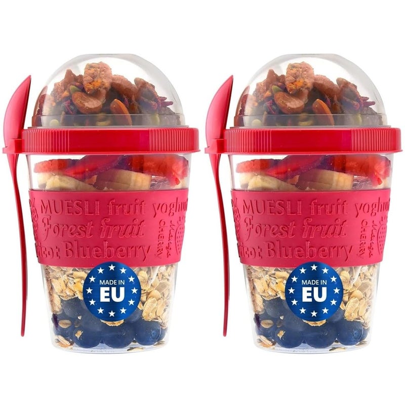 Tribello On the Go Yogurt Parfait Cups with Lids, Topping Compartment & Spoon, Parfait Cups for Breakfast Meal Prep, Reusable Leak Proof Yogurt Container - BPA Free - 20oz - Red (2) - Image 1