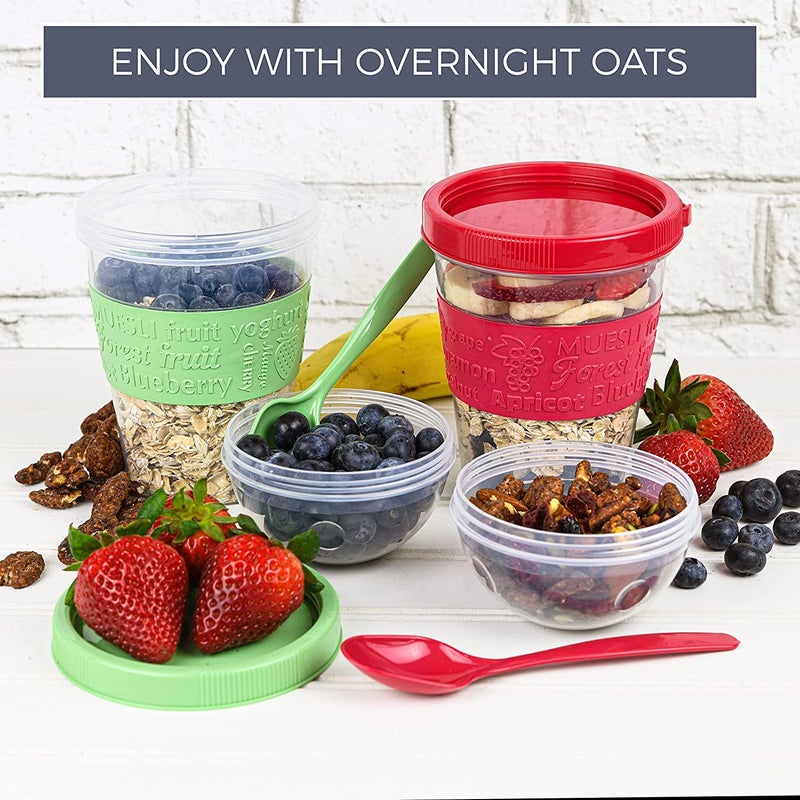 Tribello On the Go Yogurt Parfait Cups with Lids, Topping Compartment & Spoon, Parfait Cups for Breakfast Meal Prep, Reusable Leak Proof Yogurt Container - BPA Free - 20oz - Red (2) - Image 2