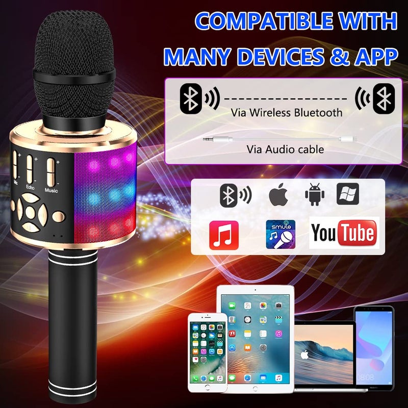 Amazmic Kids Karaoke Microphone Machine Toy Bluetooth Microphone Portable Wireless Karaoke Machine Handheld with LED Lights, Gift for Children Adults Birthday Party, Home KTV(Black Gold) - Image 5