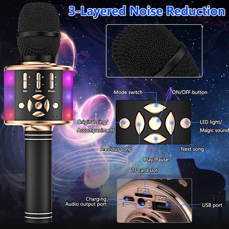 Amazmic Kids Karaoke Microphone Machine Toy Bluetooth Microphone Portable Wireless Karaoke Machine Handheld with LED Lights, Gift for Children Adults Birthday Party, Home KTV(Black Gold) - Image 3