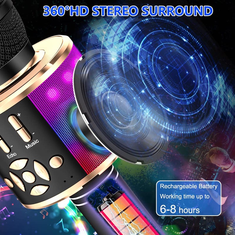 Amazmic Kids Karaoke Microphone Machine Toy Bluetooth Microphone Portable Wireless Karaoke Machine Handheld with LED Lights, Gift for Children Adults Birthday Party, Home KTV(Black Gold) - Image 4