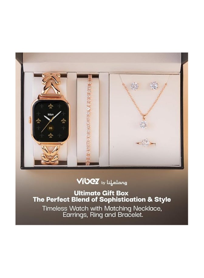 Vibez Allure Luxury Smart Watch for Women & Gift Box- Stainless Metal Straps,1.83" Display, BT Calling Smartwatch & Jewellery Set for Women, Gifts for Women (Earrings, Necklace, Bracelet, Ring)  - Image 2