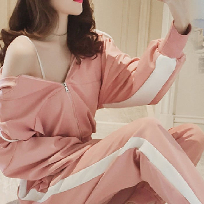 Hooded Casual Suit Women Spring Autumn Korean Loose Two-Piece Set Pink - Image 1