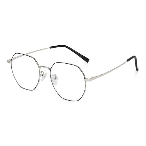 Dervin Zero Power Computer Bluelight Blocking Glasses For Men and Women | Blue Cut Computer Glasses | Full Rim Hexagon Shape Glasses | Anti Glare, Lightweight & Blocks Harmful Rays (Silver-Black) - Image 1