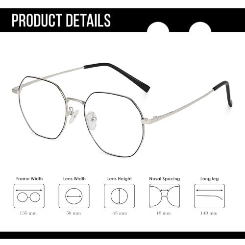 Dervin Zero Power Computer Bluelight Blocking Glasses For Men and Women | Blue Cut Computer Glasses | Full Rim Hexagon Shape Glasses | Anti Glare, Lightweight & Blocks Harmful Rays (Silver-Black) - Image 5