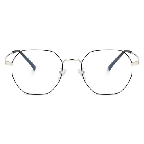 Dervin Zero Power Computer Bluelight Blocking Glasses For Men and Women | Blue Cut Computer Glasses | Full Rim Hexagon Shape Glasses | Anti Glare, Lightweight & Blocks Harmful Rays (Silver-Black) - Image 2