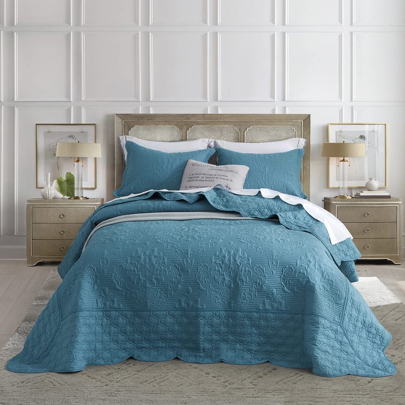 CHIXIN CHIXIN Bedspread Coverlet Set Queen Size  Lightweight Bedding Cover  Ultrasonic Quilting  4 Piece Reversible Bedspread  Elegant Damask Paisley Pattern Queen Lagoon 