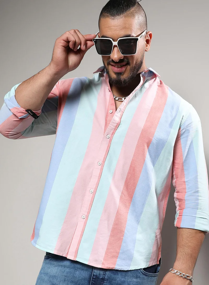 Instafab Plus Instafab Plus Men's Multicolour Roman Striped Button Up Plus-Size Fit Shirt For Casual Wear | Cotton Spread Collar Shirt Crafted With Regular Sleeve & Comfort Fit For Everyday Wear