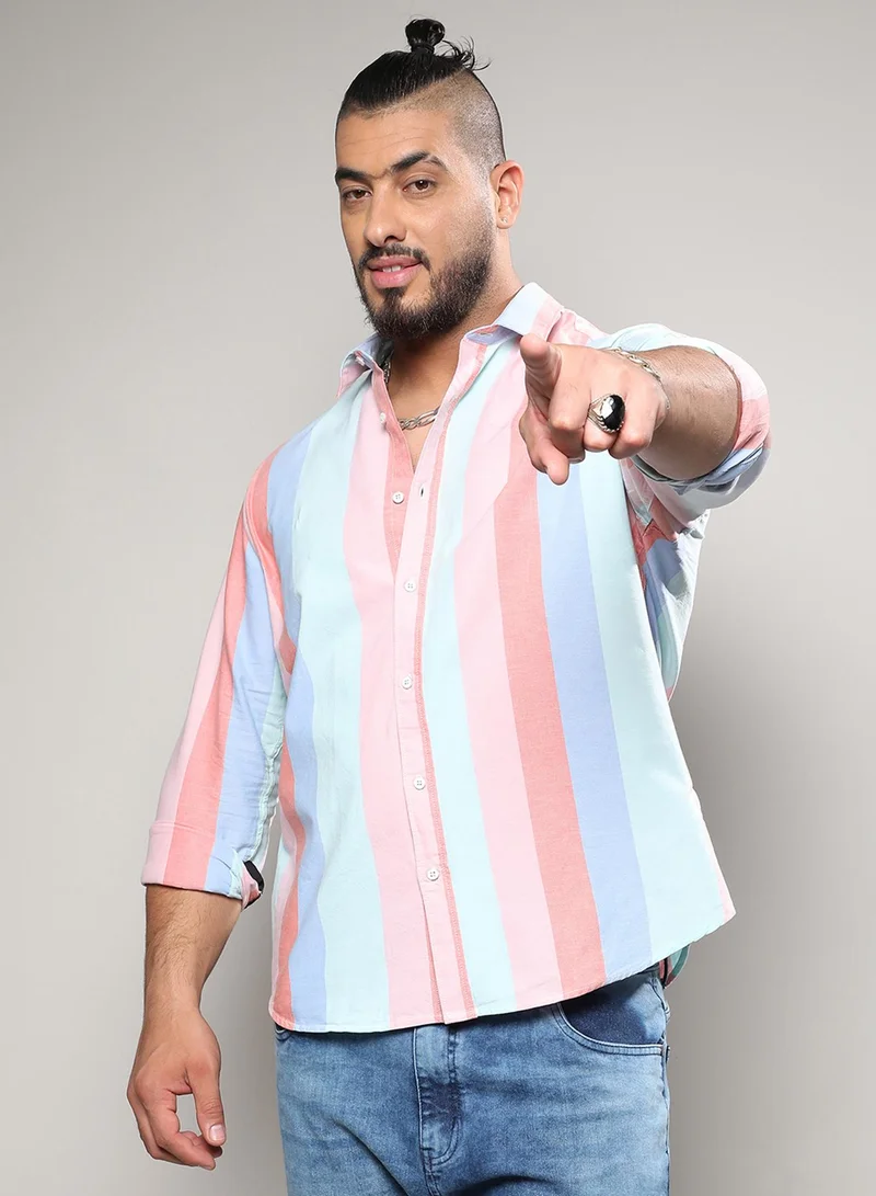 Instafab Plus Instafab Plus Men's Multicolour Roman Striped Button Up Plus-Size Fit Shirt For Casual Wear | Cotton Spread Collar Shirt Crafted With Regular Sleeve & Comfort Fit For Everyday Wear