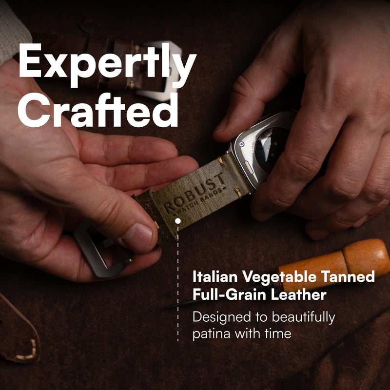 ROBUST Genuine Leather Watch Band for Men - Compatible with Apple Watch Bands 49mm - Replacement Strap for iWatch Ultra 2/1 SE, SE 2 Series 10 9 8 7 6 5 4 - Brown Leather With Natural Titanium Buckle - Image 3