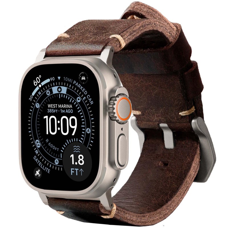 ROBUST Genuine Leather Watch Band for Men - Compatible with Apple Watch Bands 49mm - Replacement Strap for iWatch Ultra 2/1 SE, SE 2 Series 10 9 8 7 6 5 4 - Brown Leather With Natural Titanium Buckle - Image 1