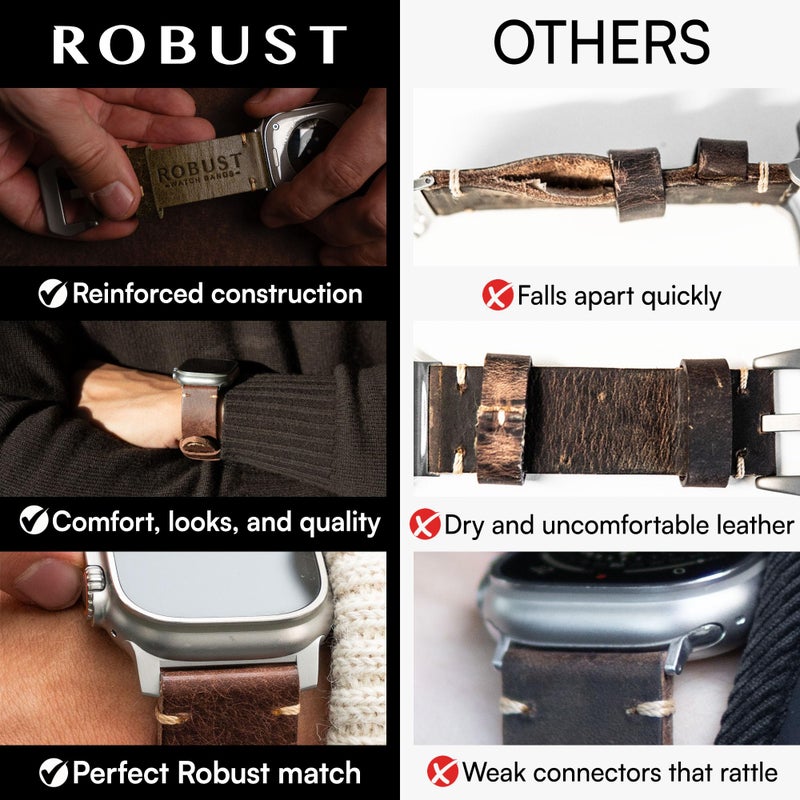 ROBUST Genuine Leather Watch Band for Men - Compatible with Apple Watch Bands 49mm - Replacement Strap for iWatch Ultra 2/1 SE, SE 2 Series 10 9 8 7 6 5 4 - Brown Leather With Natural Titanium Buckle - Image 5