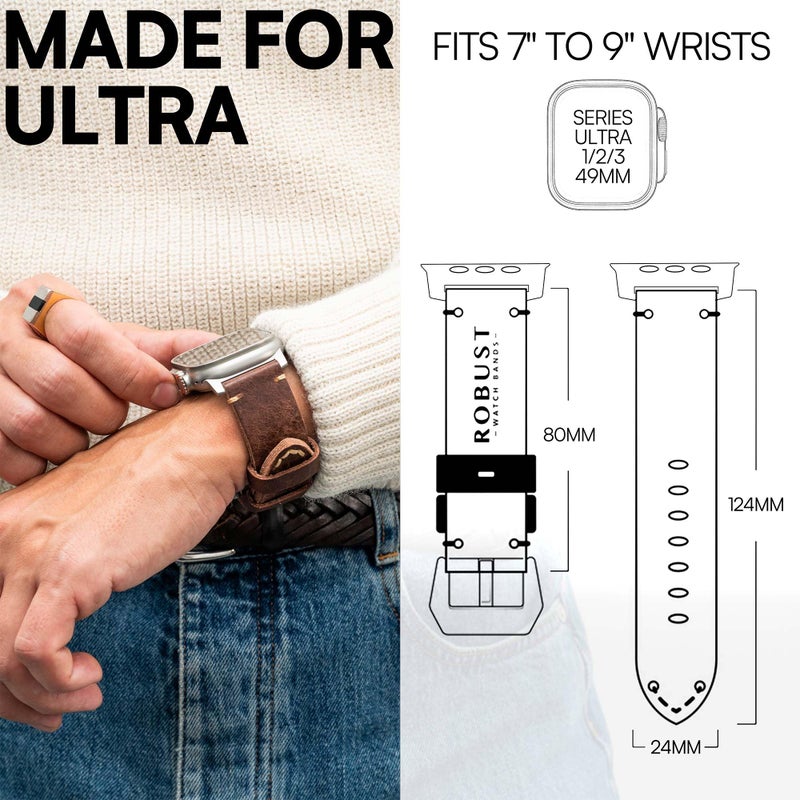 ROBUST Genuine Leather Watch Band for Men - Compatible with Apple Watch Bands 49mm - Replacement Strap for iWatch Ultra 2/1 SE, SE 2 Series 10 9 8 7 6 5 4 - Brown Leather With Natural Titanium Buckle - Image 4