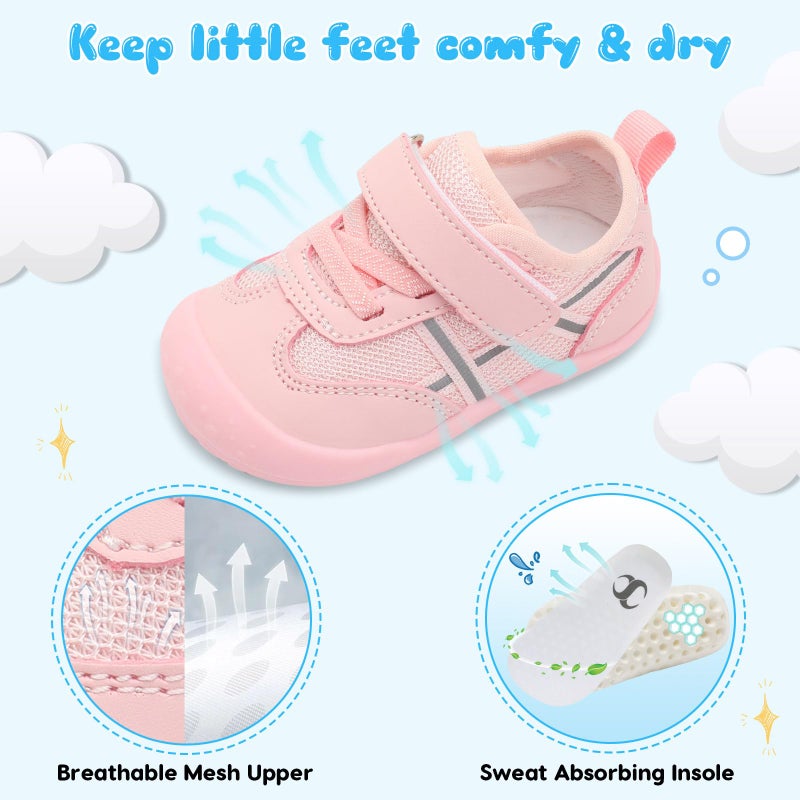 Scurtain Baby Shoes Boy Girl First Walking Shoe Infant Crib Breathable Sneakers Lightweight Barefoot Walking Shoes for Babies Pink Size 12-18 Months - Image 5