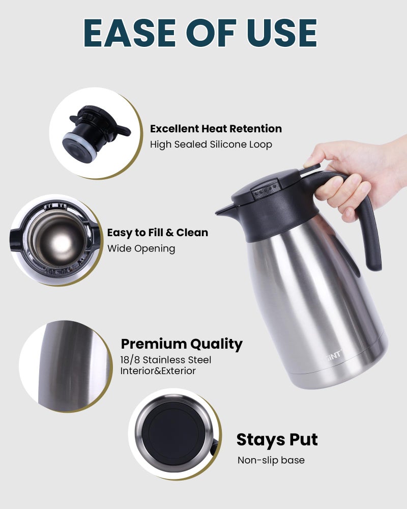 GiNT 51Oz Stainless Steel Thermal Coffee Carafe with Lid/Double Walled Vacuum Thermal Carafe / 12 Hour Heat Retention (Silver, 1.5L) - Image 3