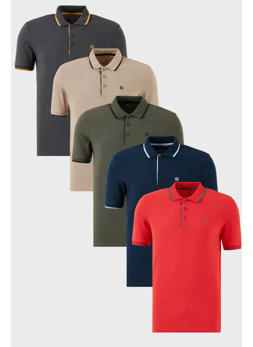 Buratti Cotton Slim Fit Stripe Detail Buttoned Polo Collar 5-Pack T Shirt Men's T Shirt 5902118S5