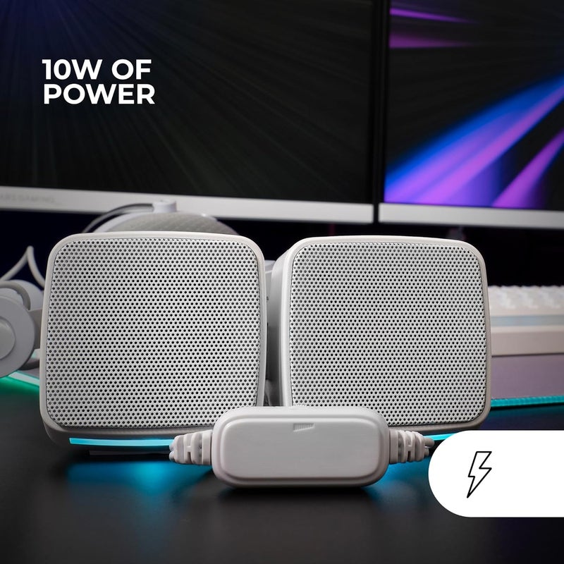 مارس_جيمنج MARSGAMING MS-PRO، مكبرات صوت مضغوطة بقوة 10 واط، إضاءة RGB Flow ديناميكية، مكبر صوت للكمبيوتر مع صندوق تحكم في مستوى الصوت ومدخل جاك 3.5 مم، مكبرات صوت ألعاب متوافقة مع PC/Mac/Smartphone/Tablet، أبيض - Image 2