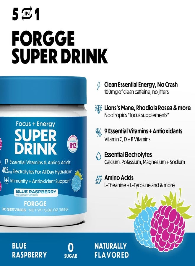 Forgge Healthy Energy Drink Mix - Clean Caffeine + B12, B6, C & D Vitamins - Sugar Free Energy Drink Powder with Electrolytes, Amino Acids, Antioxidants, Lions Mane - Vegan, Keto-Friendly - 30 SVG, Blue Raspberry - Image 4