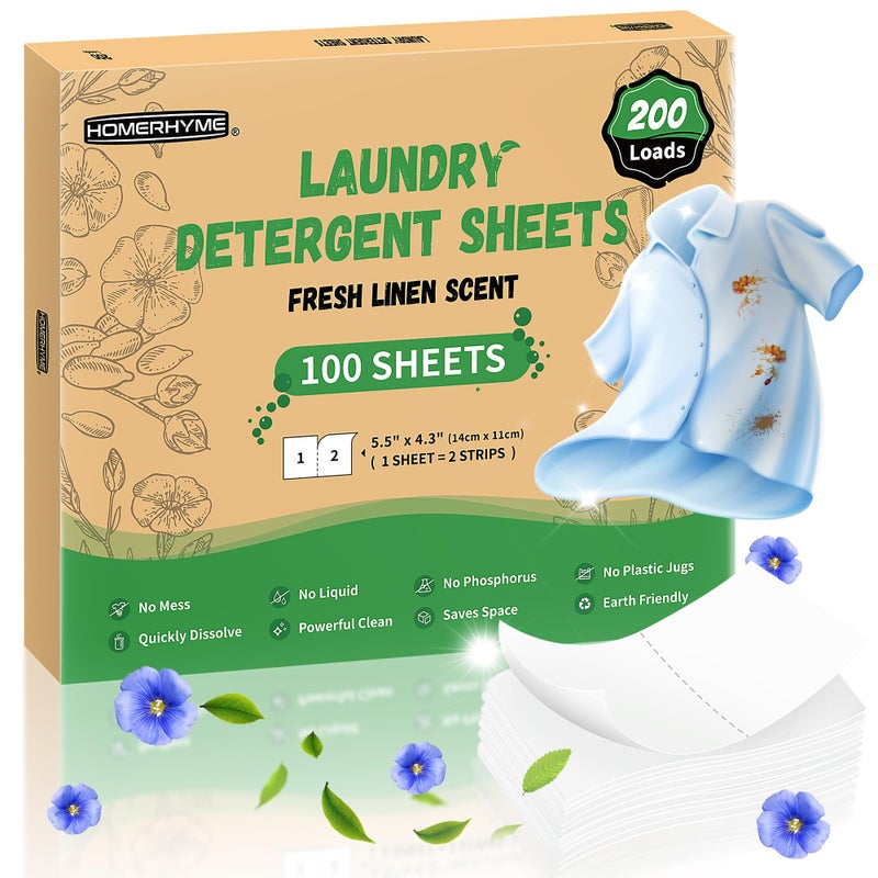 أوراق منظف الغسيل HOMERHYME برائحة الكتان المنعش 200 غسلة 100 ورقة خالية من البلاستيك لأوراق الغسيل للسفر والسكن والمنزل والشقق صديقة للبيئة ومضادة للحساسية