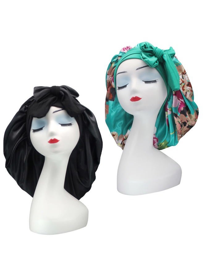 Hanbertti Silk Satin Hair Bonnet Sleeping Hat With Stretch Tie Band, Adjustable Bonnet for Curly Hair - 2 Pack (Black+Green Flower) - Image 1